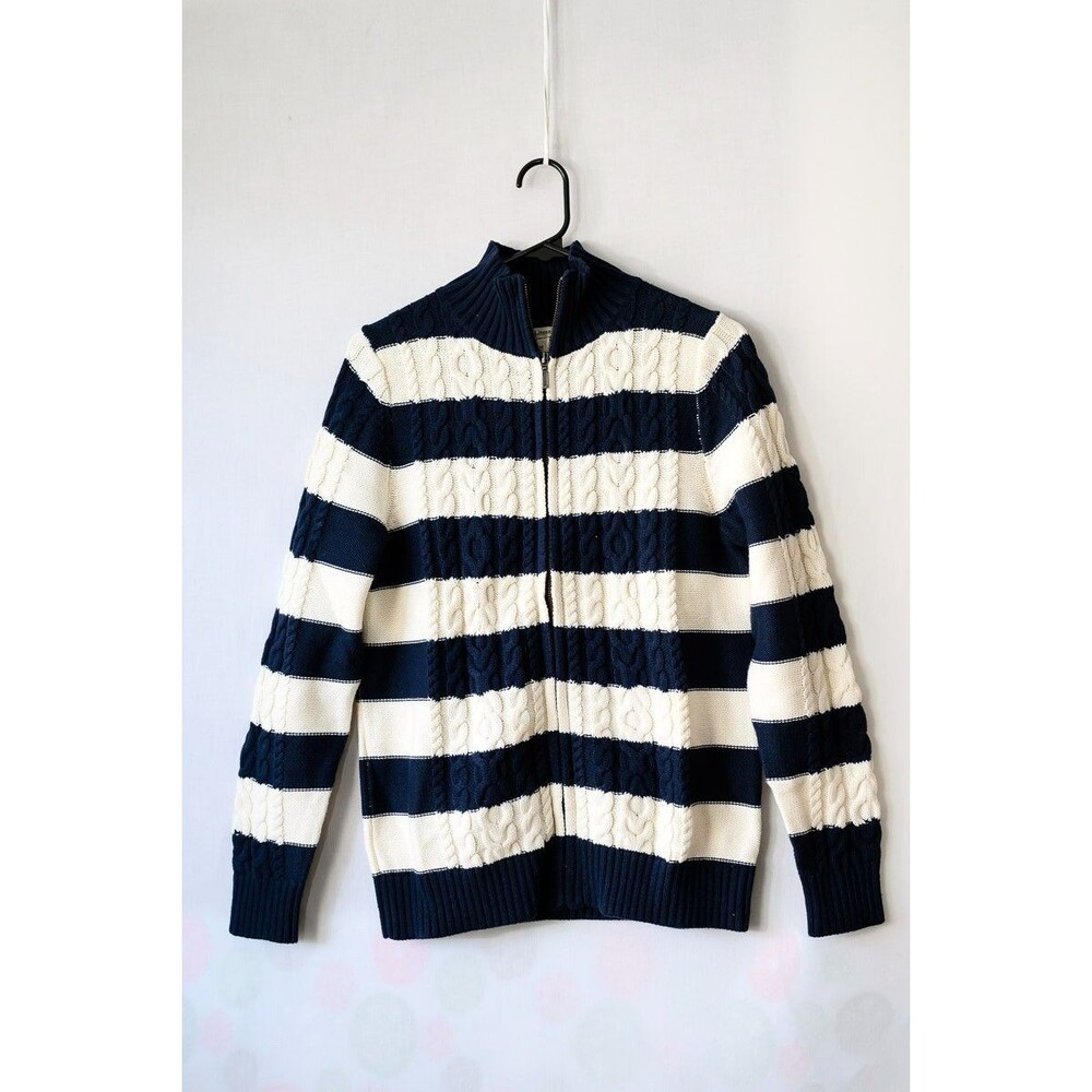 L.L. Bean M full zip sweater Cable Knit White Blue stripe 501402 Mock neck